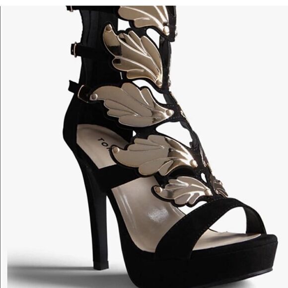 torrid Shoes - Torrid Black faux suede gold tone wings platform straps heels back zipper SZ10